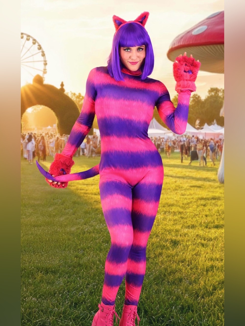Cheshire Cat Costume  Jumpsuit with Tail and Furry Accessories